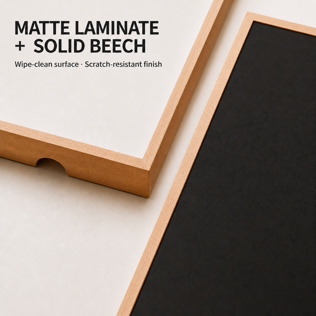 Rectangular Black and Pearl White matte laminate tabletops with solid beech frames