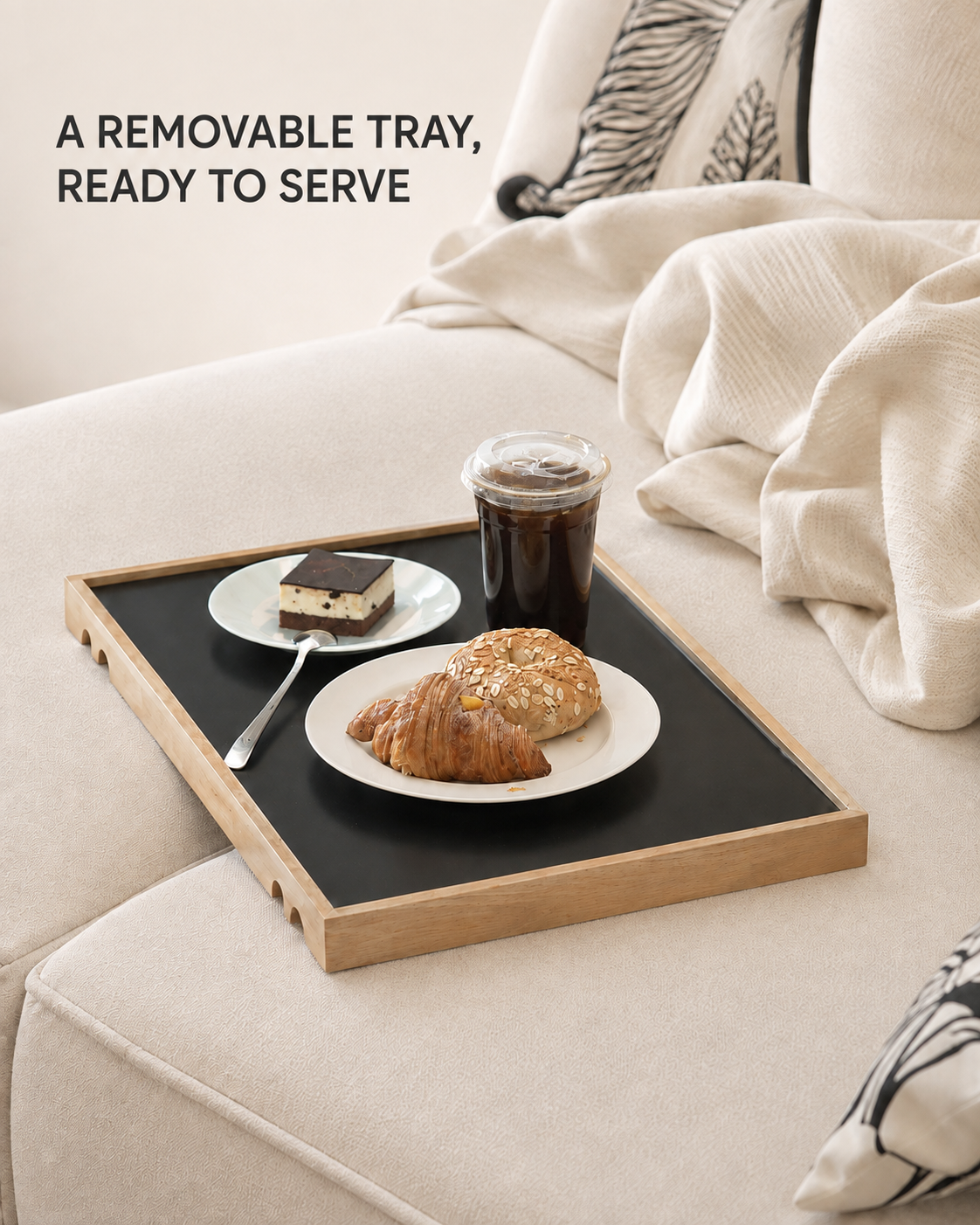 Black Aster removable tabletop used as a serving tray