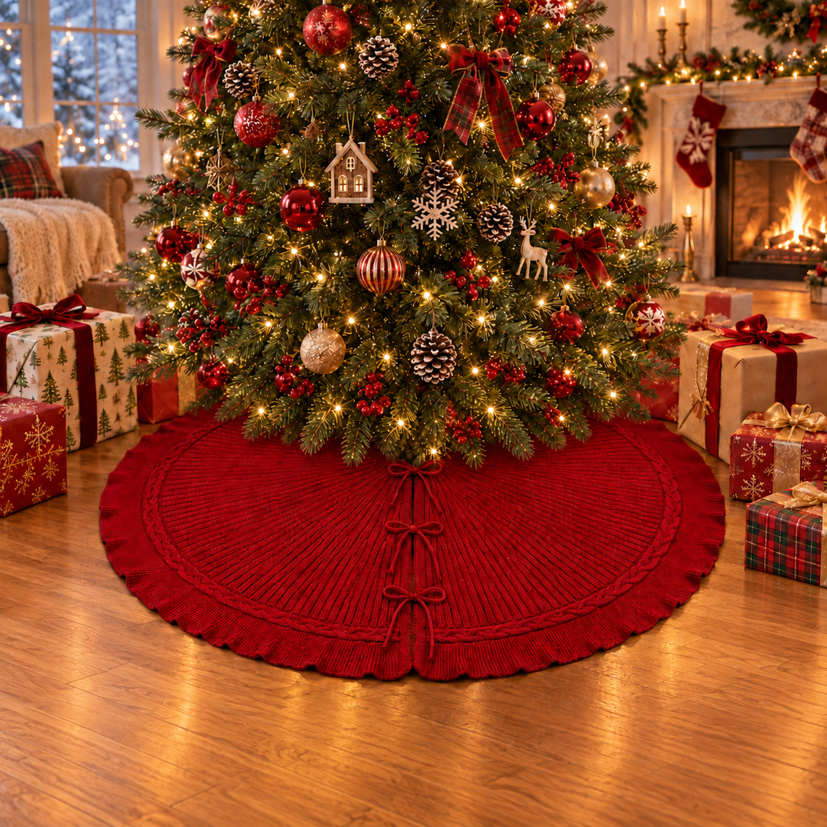 Red Cable Knit Christmas Tree Skirt 24 36 48 Inch, Knitted Tree Collar Cover, Farmhouse Christmas Holiday Home Decor