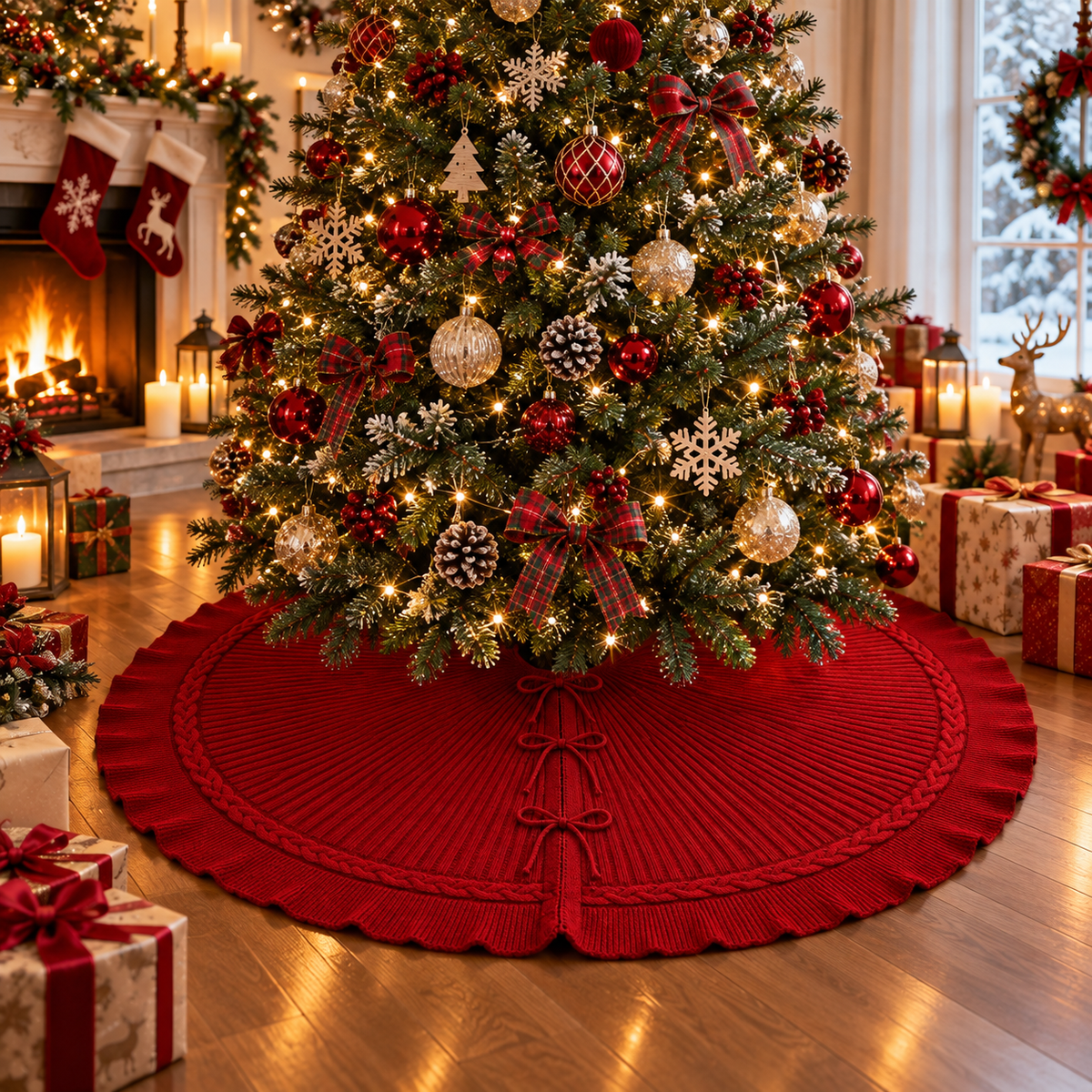 Red Cable Knit Christmas Tree Skirt 24 36 48 Inch, Knitted Tree Collar Cover, Farmhouse Christmas Holiday Home Decor