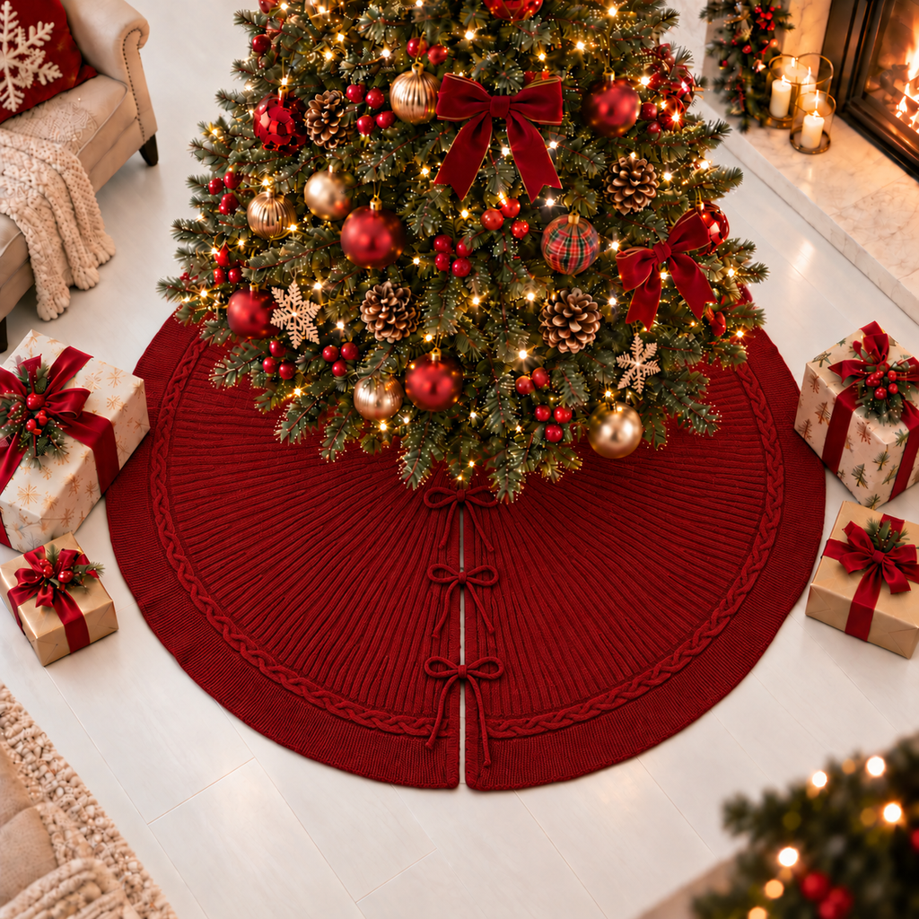 Red Cable Knit Christmas Tree Skirt 24 36 48 Inch, Knitted Tree Collar Cover, Farmhouse Christmas Holiday Home Decor