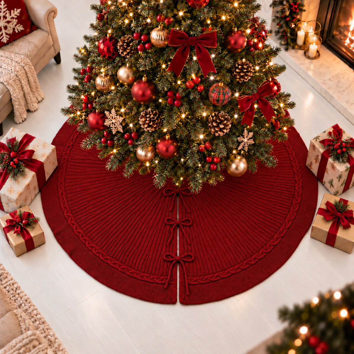 Red Cable Knit Christmas Tree Skirt 24 36 48 Inch, Knitted Tree Collar Cover, Farmhouse Christmas Holiday Home Decor