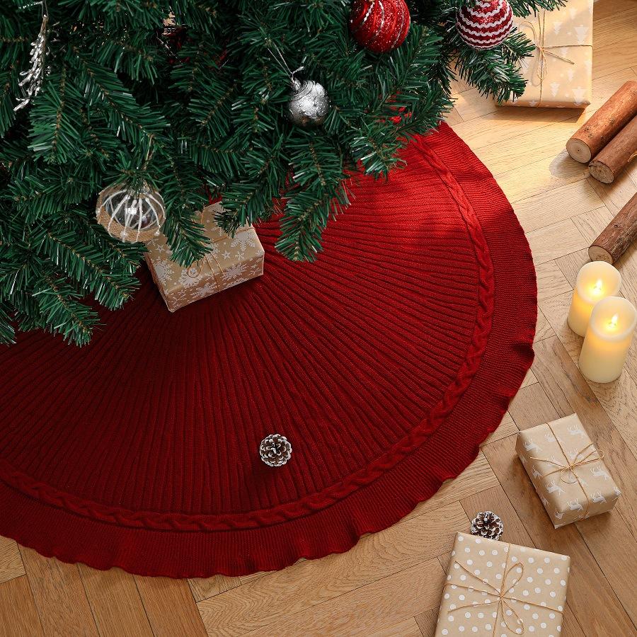 Red Cable Knit Christmas Tree Skirt 24 36 48 Inch, Knitted Tree Collar Cover, Farmhouse Christmas Holiday Home Decor