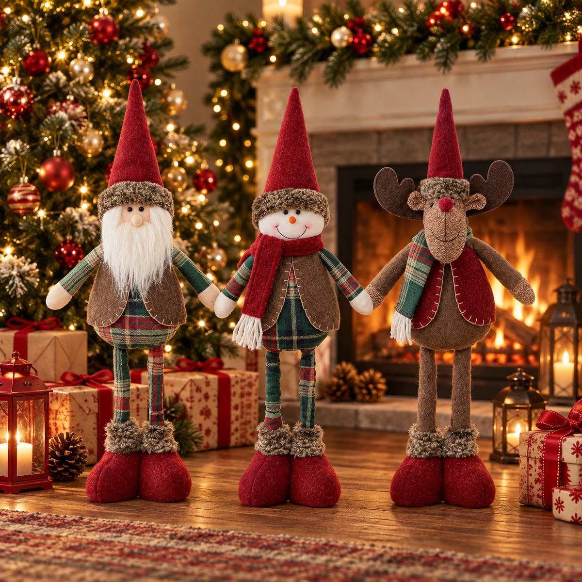 Three-piece adjustable Christmas figurine set with Santa, snowman and reindeer by a fireplace