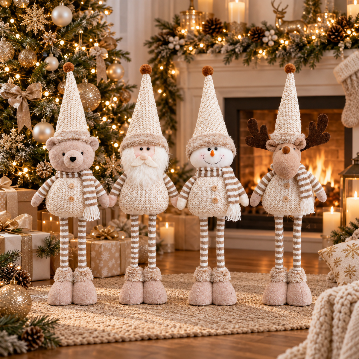 Four-piece adjustable Christmas figurine set with bear, Santa, snowman and reindeer by a fireplace
