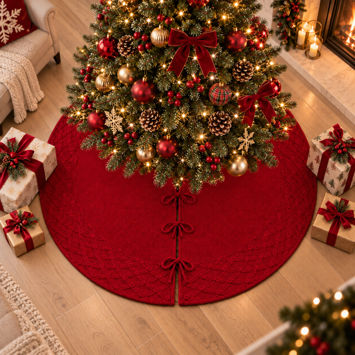 Red Cable Knit Christmas Tree Skirt - 24", 36", 48"