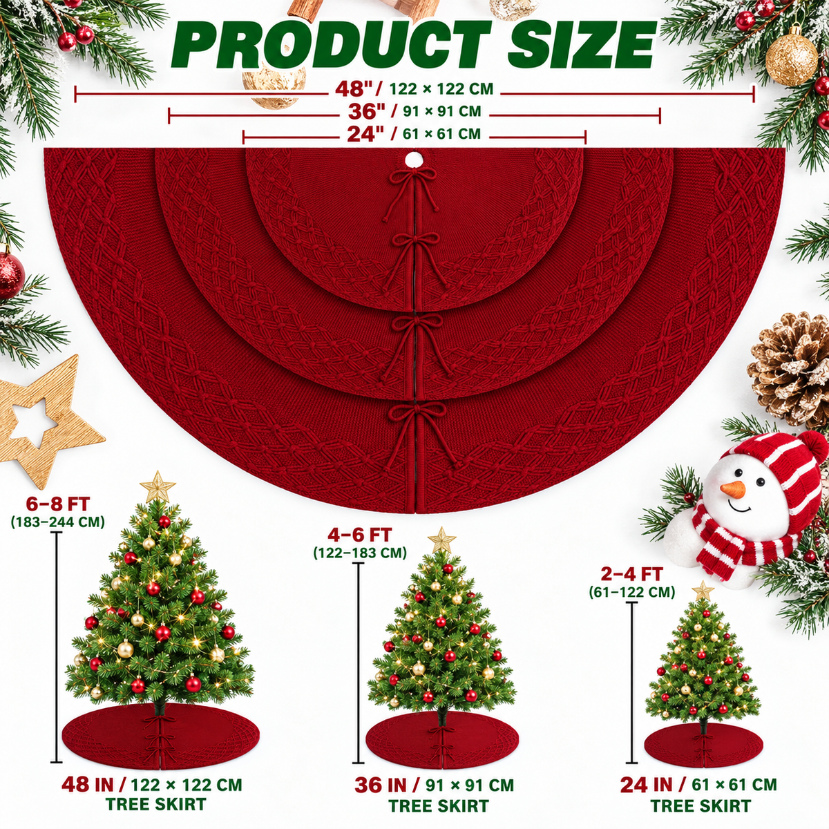 Red Cable Knit Christmas Tree Skirt - 24", 36", 48"