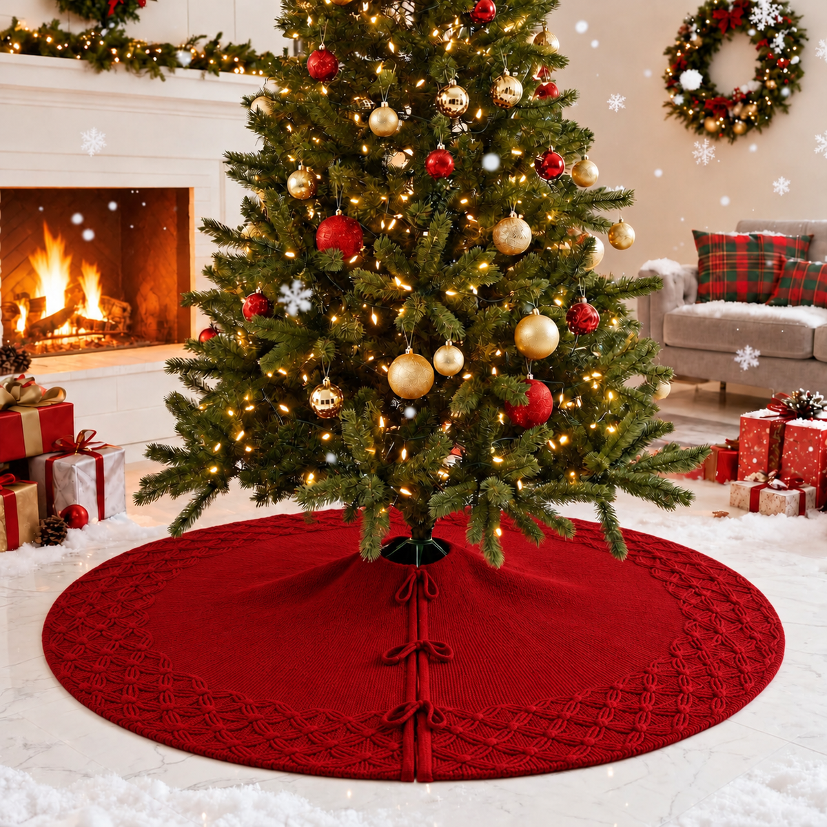 Red Cable Knit Christmas Tree Skirt 24 36 48 Inch, Knitted Tree Collar Cover, Farmhouse Christmas Holiday Home Decor