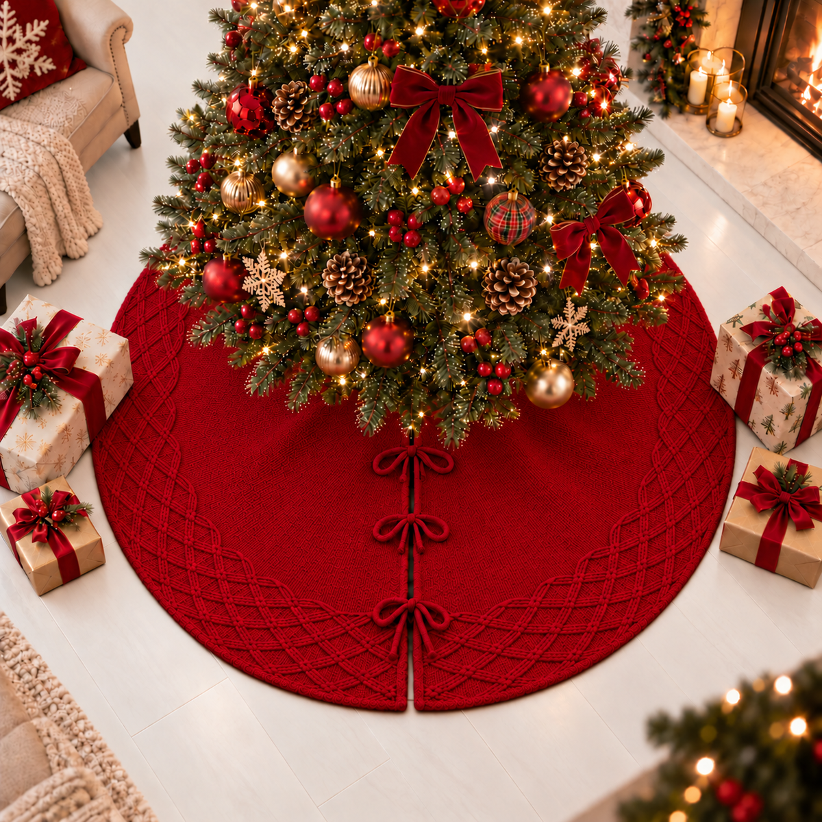 Red Cable Knit Christmas Tree Skirt 24 36 48 Inch, Knitted Tree Collar Cover, Farmhouse Christmas Holiday Home Decor