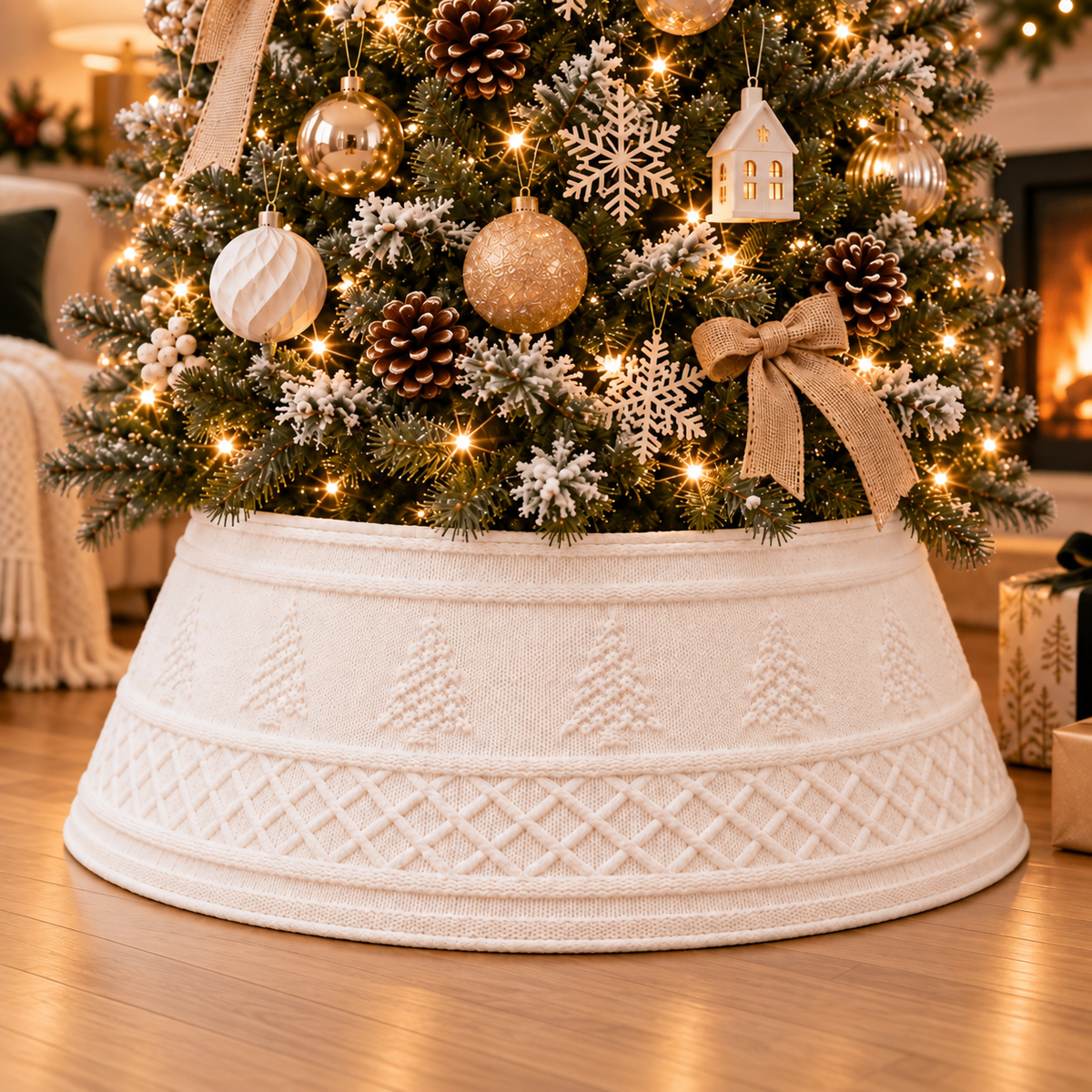 A white knit Christmas tree collar | Tree skirt​ | Christmas tree skirt​ | Tree collar​ | Christmas tree collar​ | Skirts for tree​