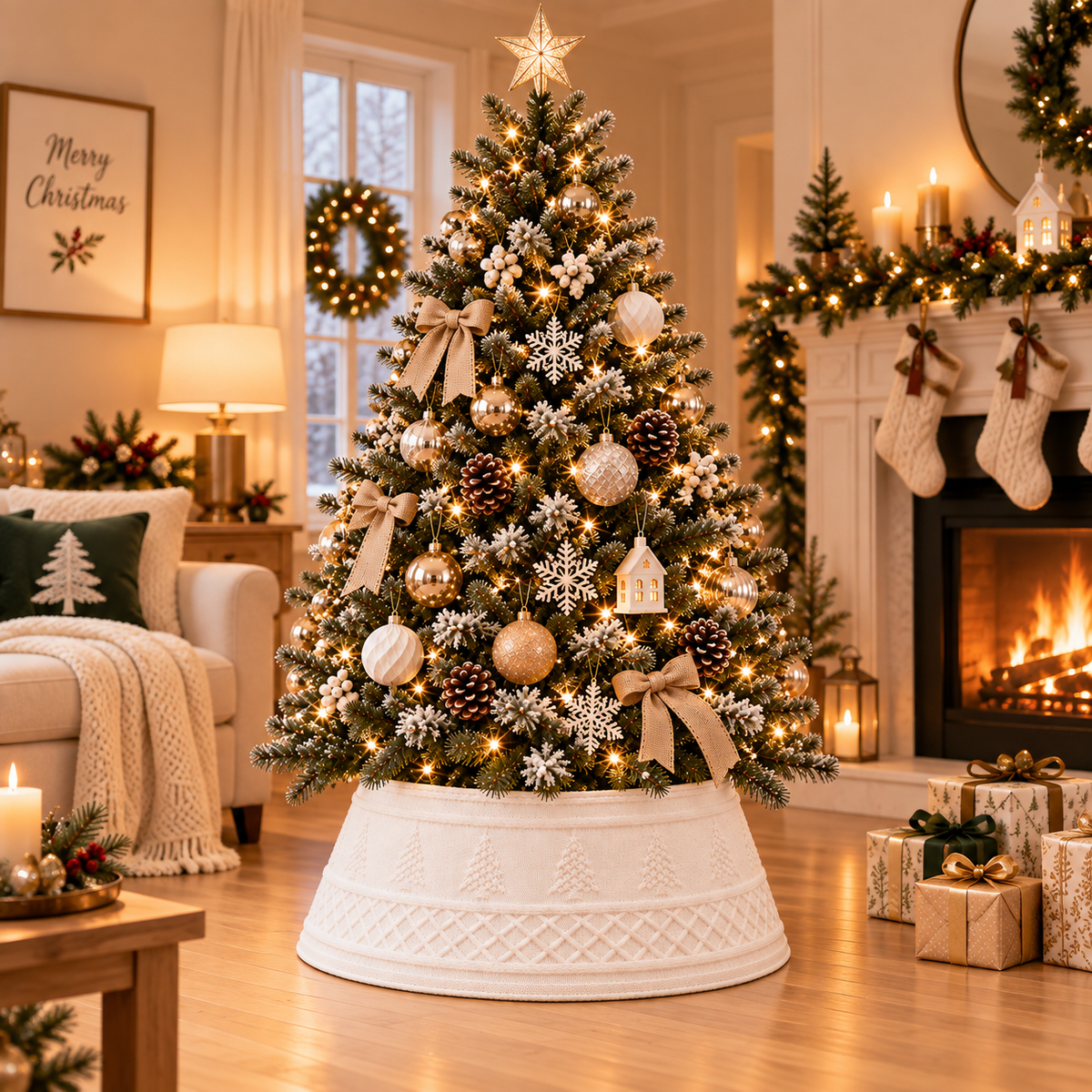 A white knit Christmas tree collar | Tree skirt​ | Christmas tree skirt​ | Tree collar​ | Christmas tree collar​ | Skirts for tree​