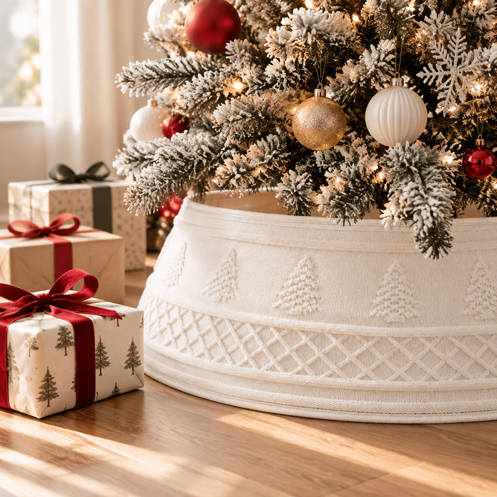 A white knit Christmas tree collar | Tree skirt​ | Christmas tree skirt​ | Tree collar​ | Christmas tree collar​ | Skirts for tree​