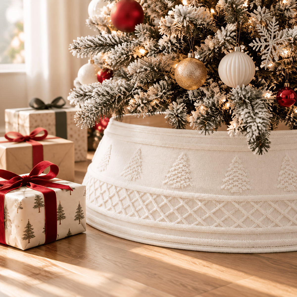 A white knit Christmas tree collar | Tree skirt​ | Christmas tree skirt​ | Tree collar​ | Christmas tree collar​ | Skirts for tree​