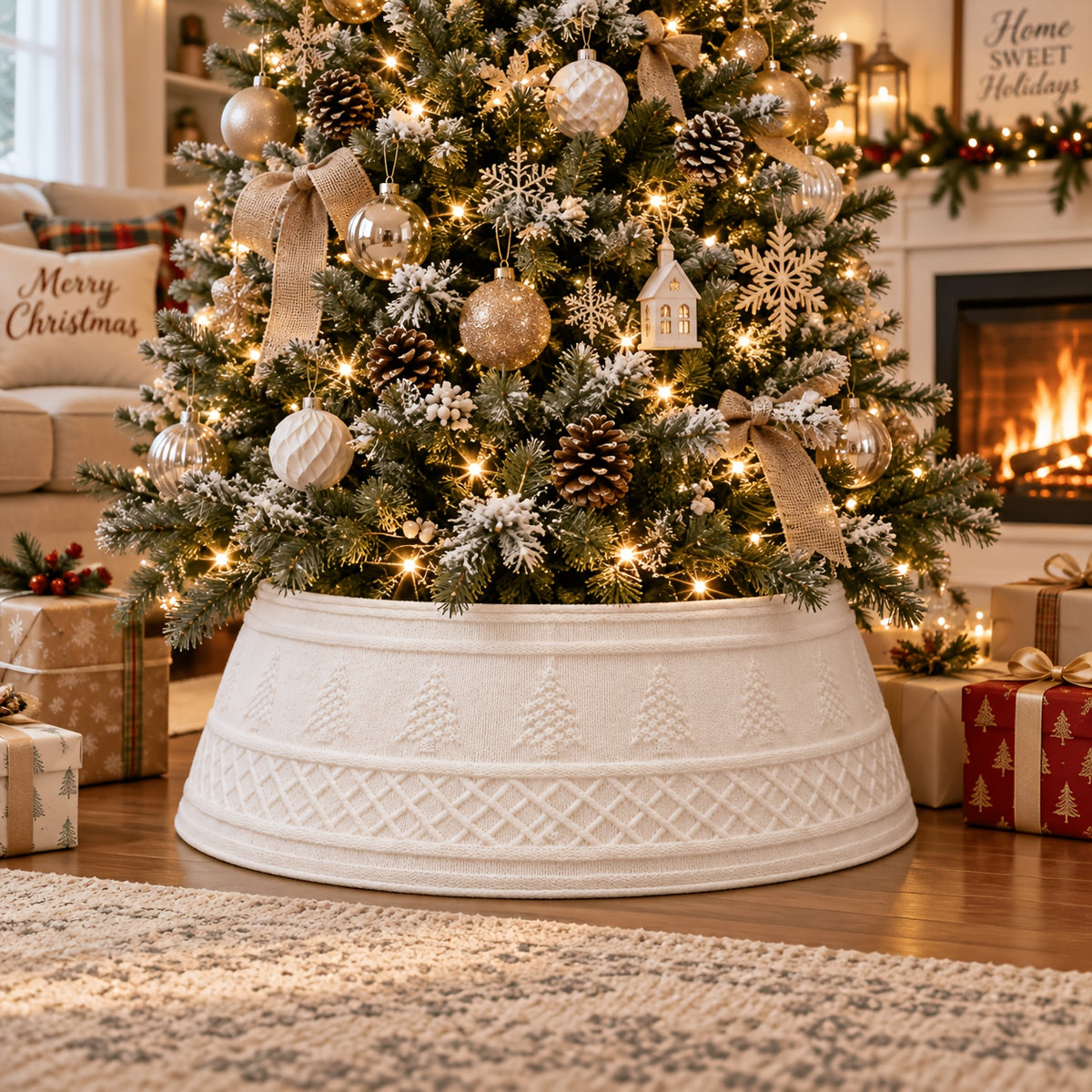 A white knit Christmas tree collar | Tree skirt​ | Christmas tree skirt​ | Tree collar​ | Christmas tree collar​ | Skirts for tree​