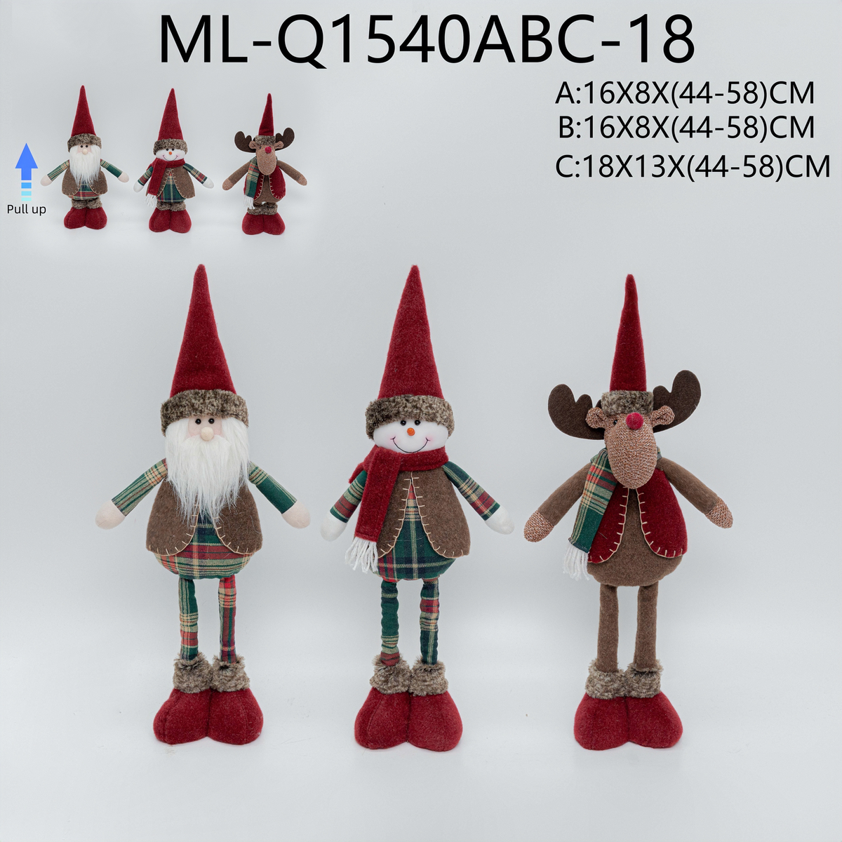 Size chart for adjustable Santa, snowman and reindeer Christmas figurine set