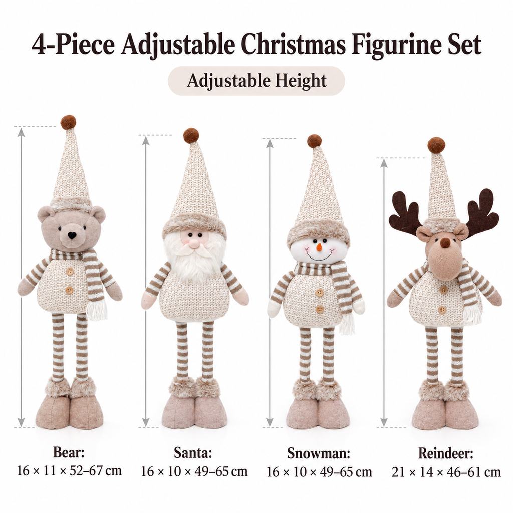 Size chart for four-piece adjustable Christmas figurine set