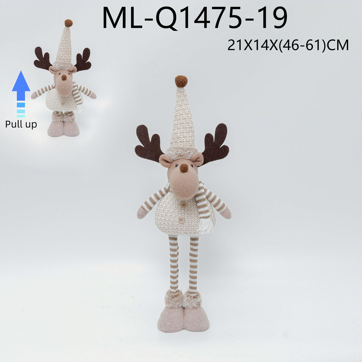 Adjustable reindeer Christmas figurine, 21 by 14 by 46 to 61 centimeters