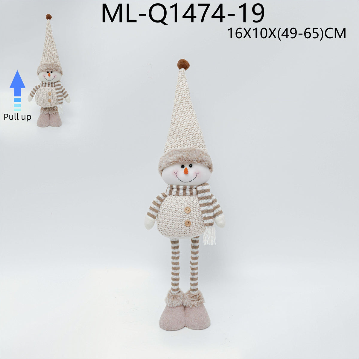 Adjustable snowman Christmas figurine, 16 by 10 by 49 to 65 centimeters