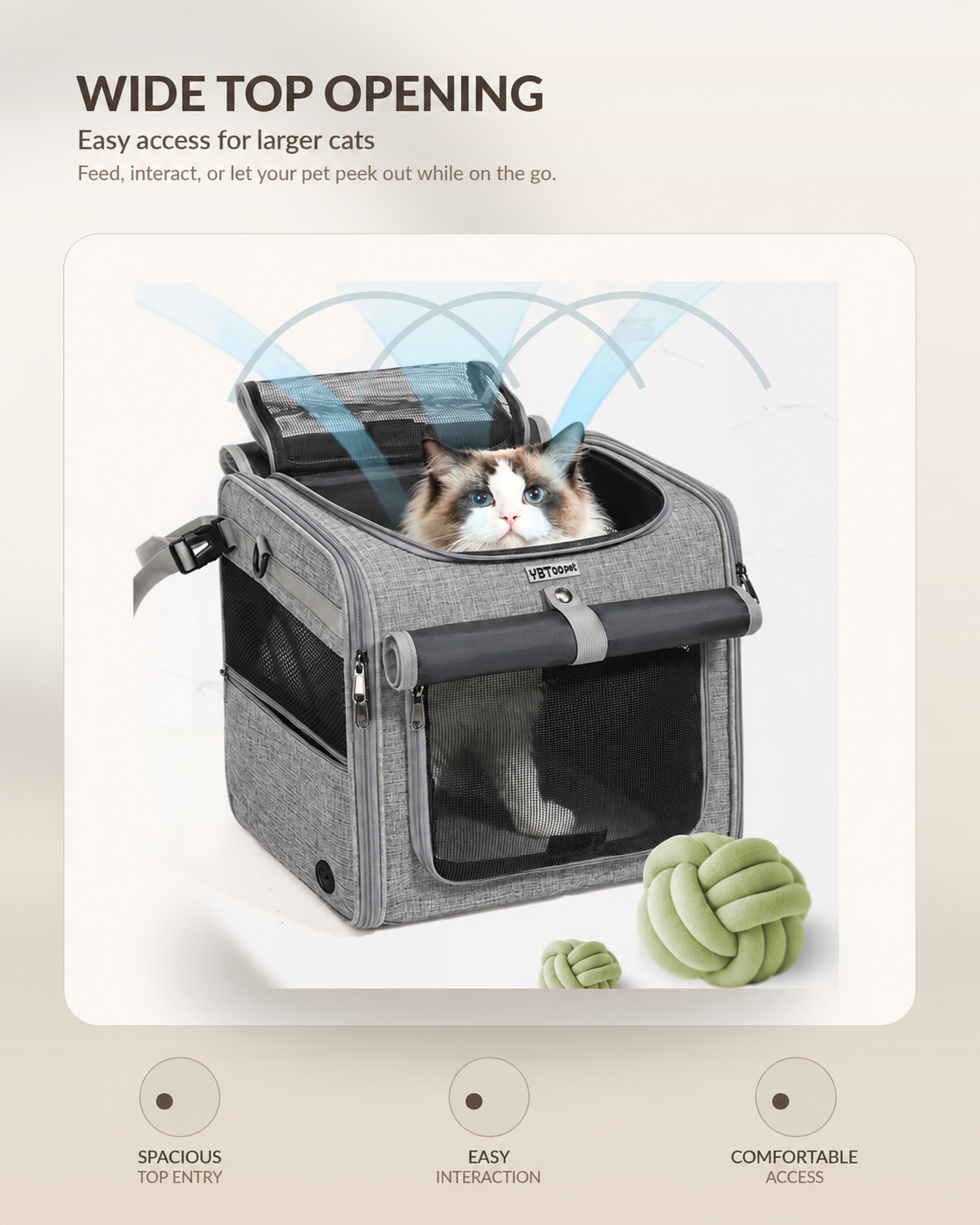 Cat inside a wide top-opening gray pet carrier with mesh panels