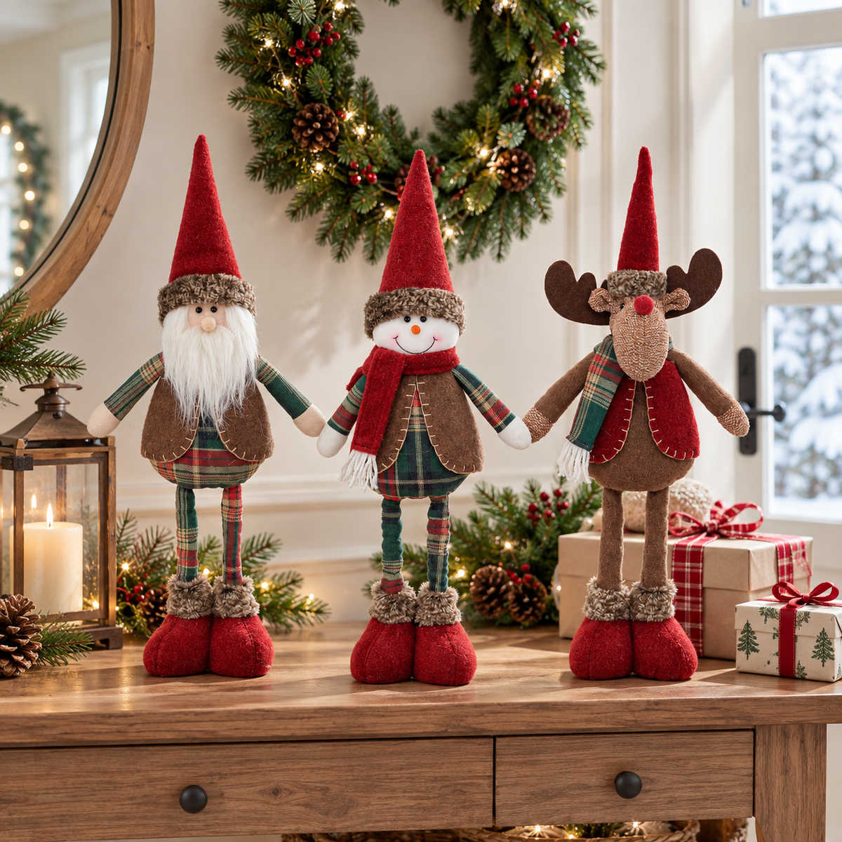 Santa, snowman and reindeer Christmas figurines displayed on an entryway table
