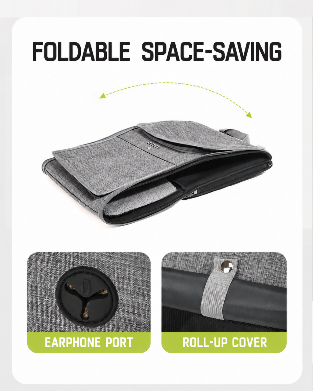 Foldable gray pet travel carrier with roll-up cover and accessory port