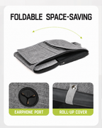 Foldable gray pet travel carrier with roll-up cover and accessory port