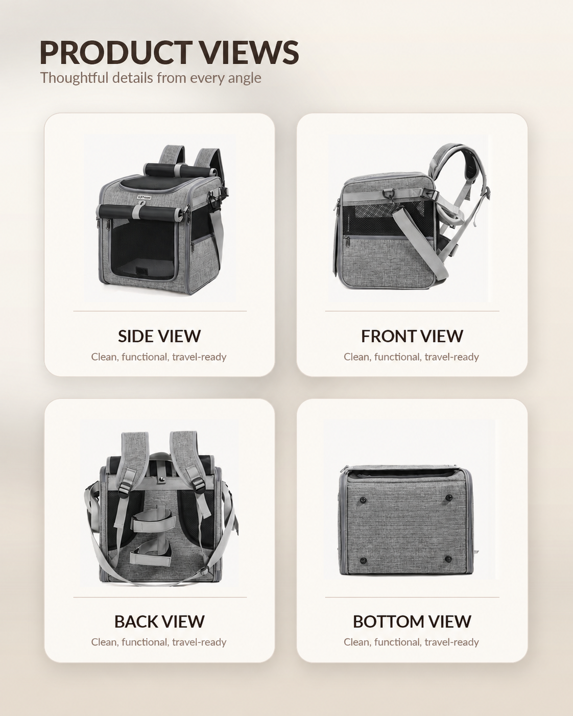 Gray convertible pet carrier front back side and bottom views