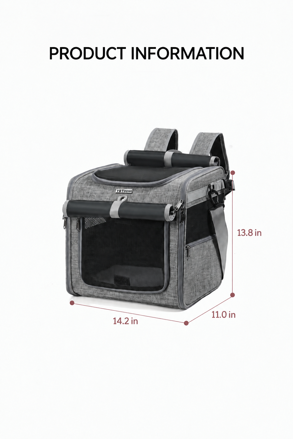 Gray pet bicycle carrier dimensions 14.2 by 11 by 13.8 inches