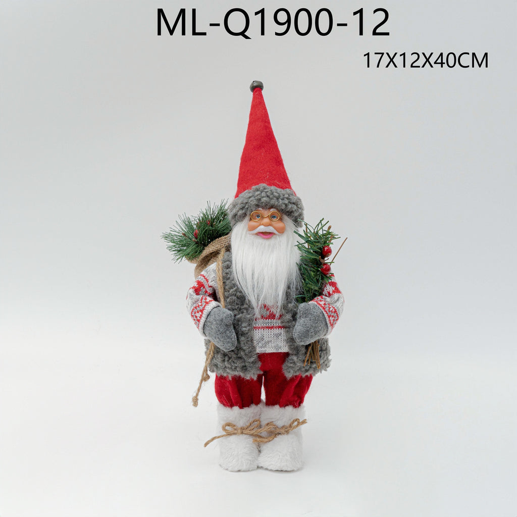 Santa figurine in gray knit vest with greenery, 17 by 12 by 40 centimeters