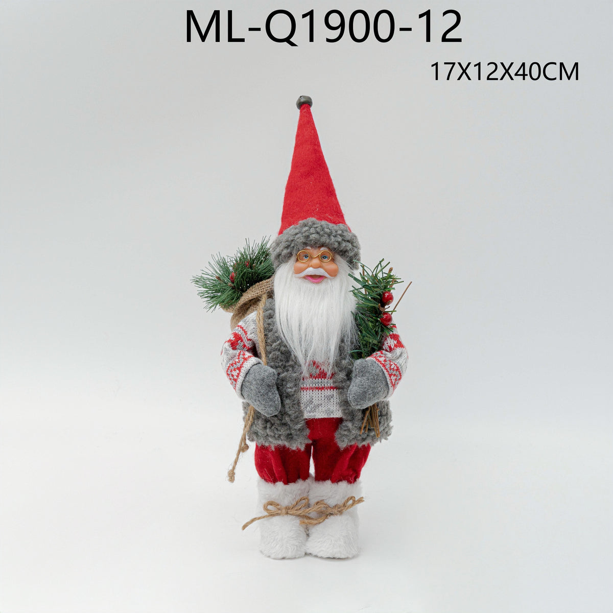 Santa figurine in gray knit vest with greenery, 17 by 12 by 40 centimeters