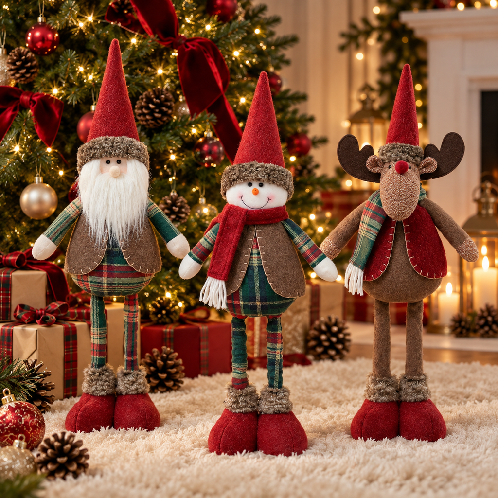 Three plaid Christmas figurines beside a decorated Christmas tree