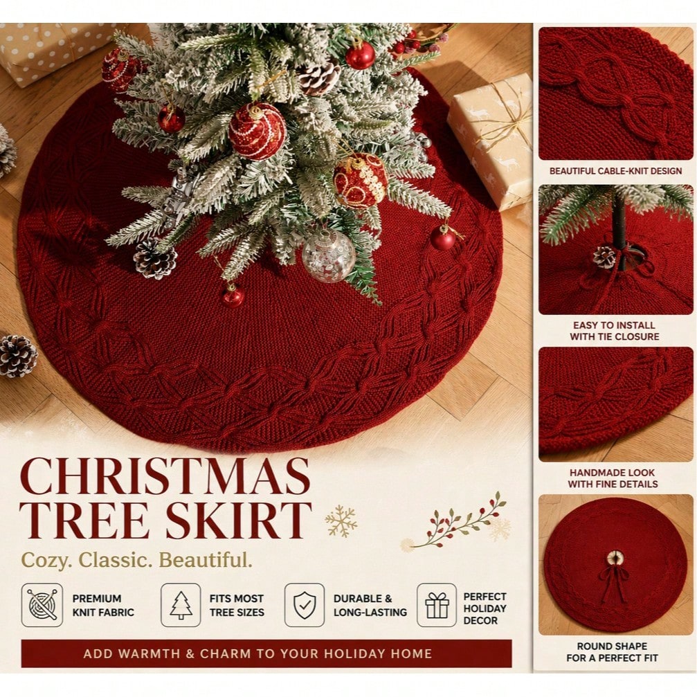 Round red Christmas tree skirt for holiday tree base decor