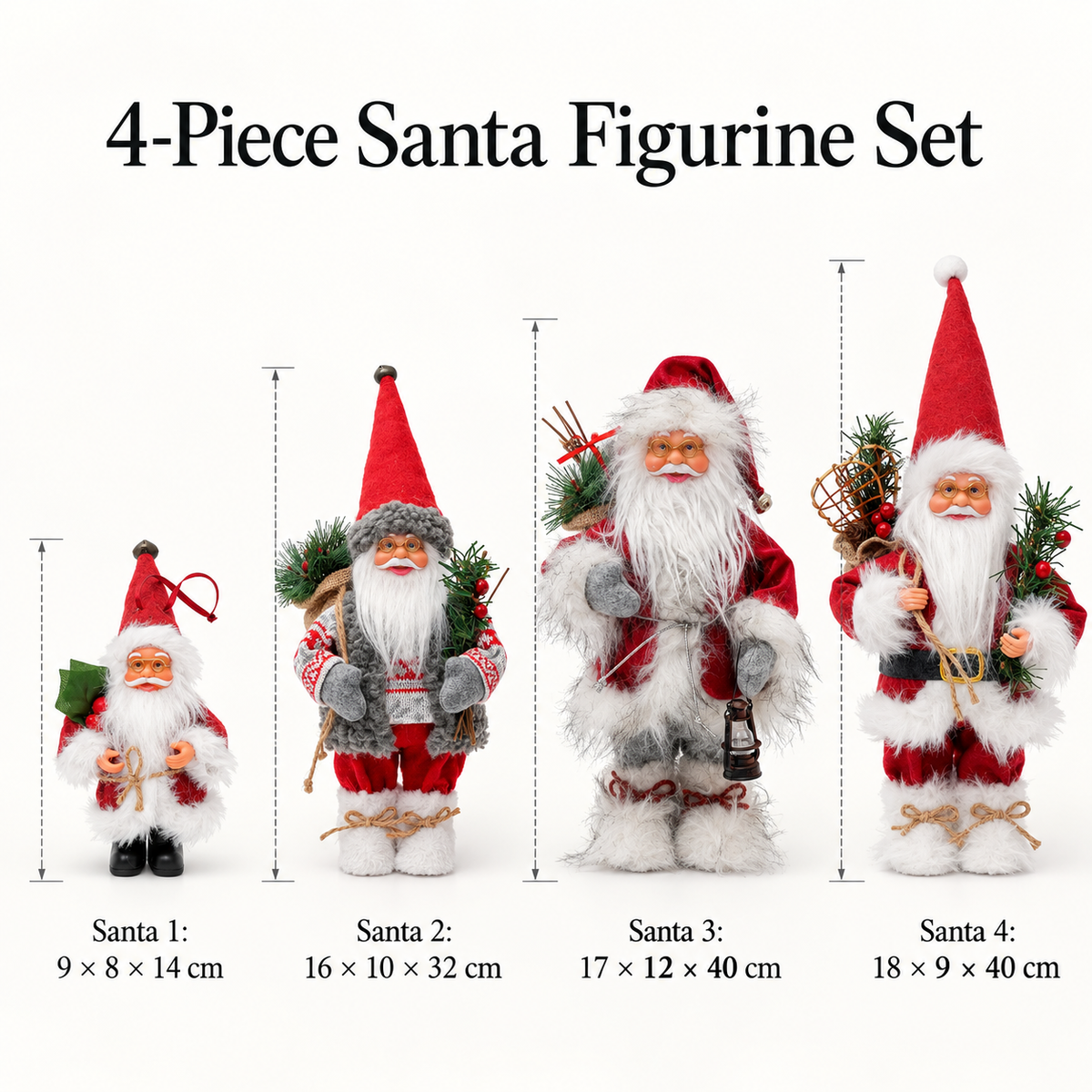 Size chart for four-piece Santa Claus figurine set