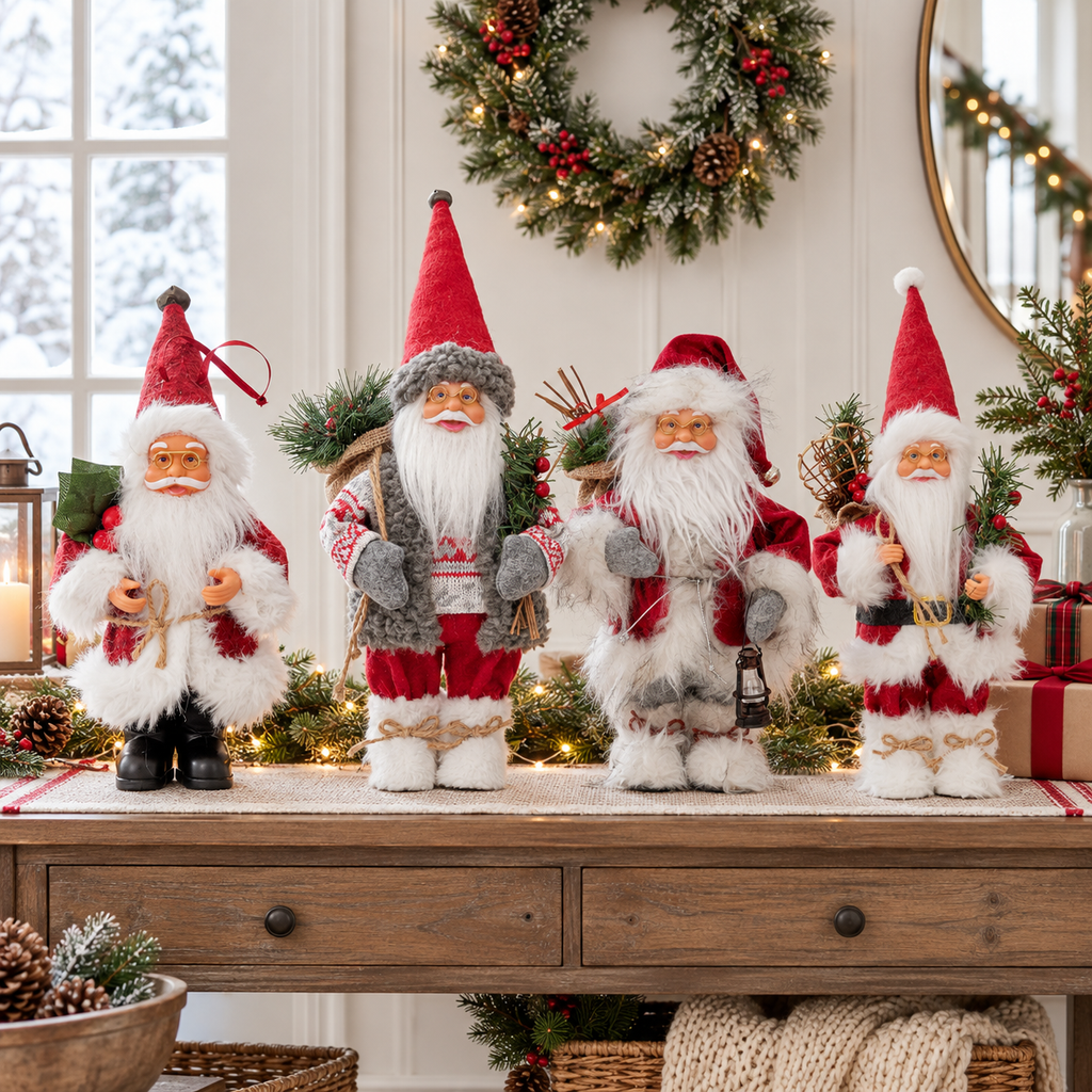 Four different Santa figurines displayed on a Christmas entryway console