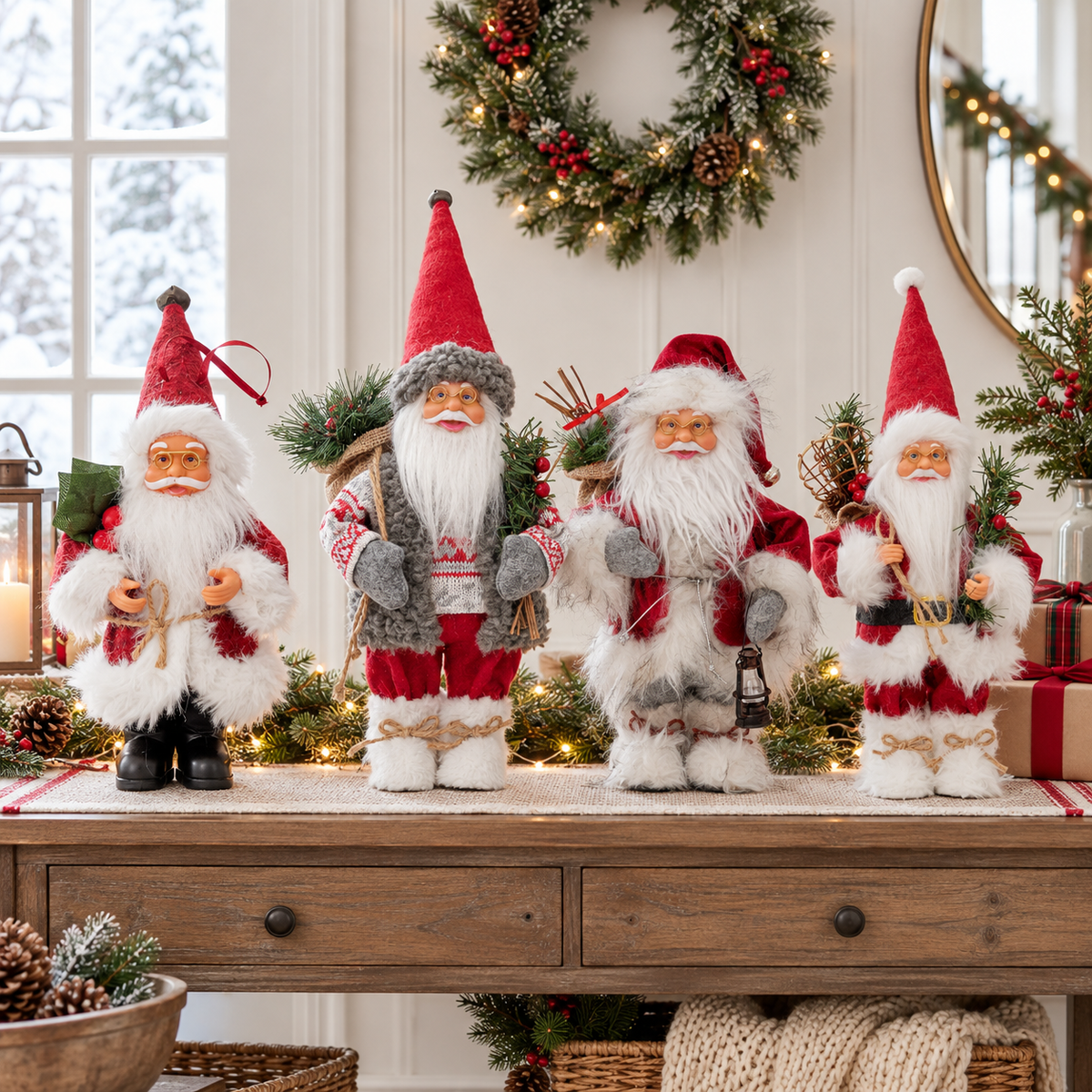 Four different Santa figurines displayed on a Christmas entryway console