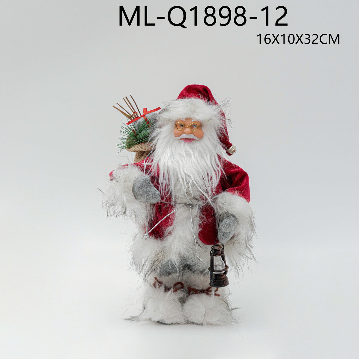 Santa figurine with lantern and pine accents, 16 by 10 by 32 centimeters