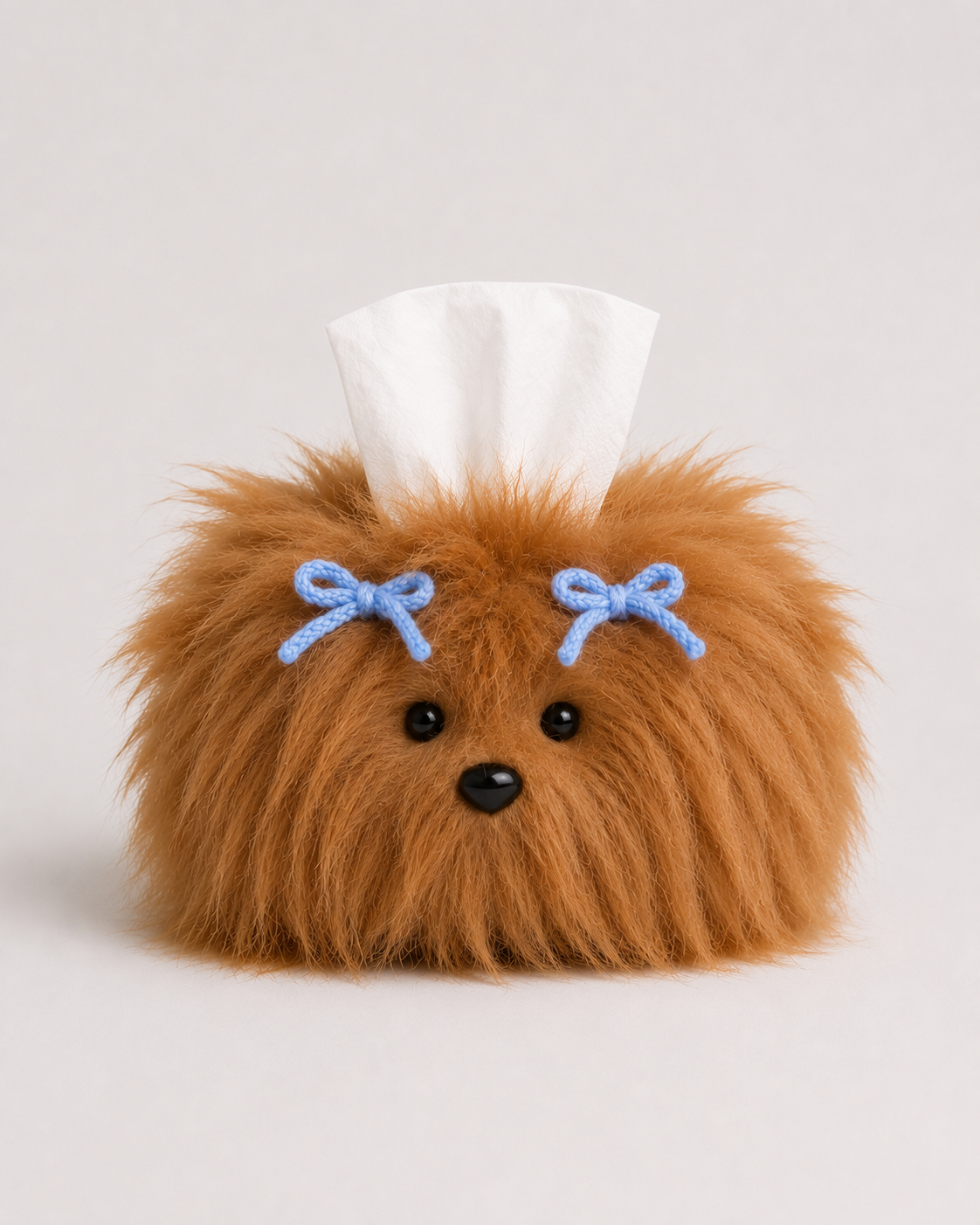 Brown shaggy dog tissue box cover with blue bows