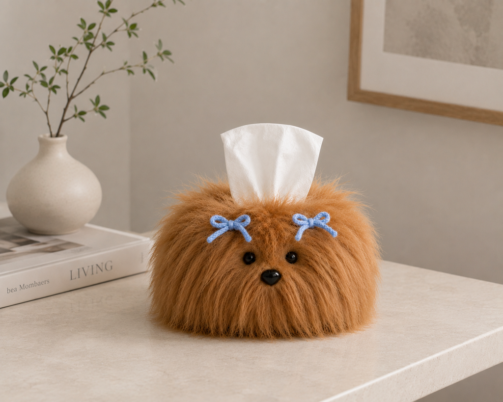 Brown shaggy dog tissue box cover styled on a tabletop