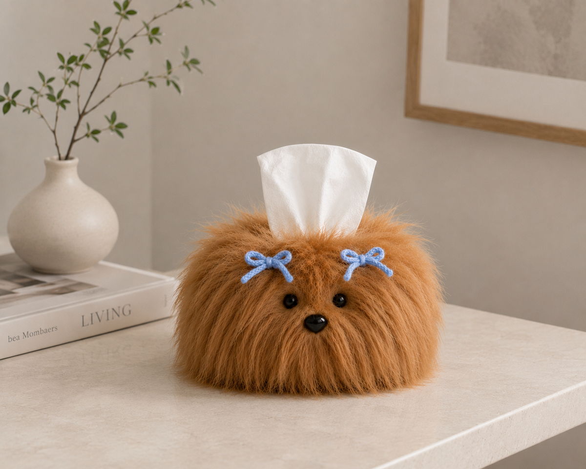 Brown shaggy dog tissue box cover styled on a tabletop