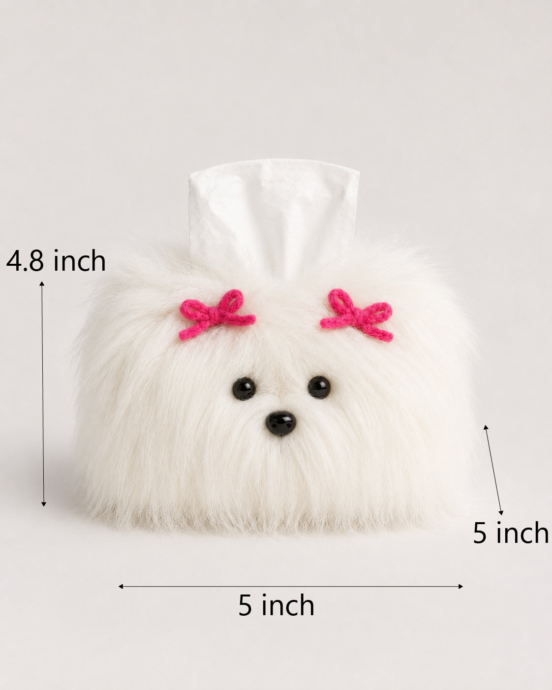 Shaggy dog tissue box cover dimensions approximately 5 by 5 by 4.8 inches