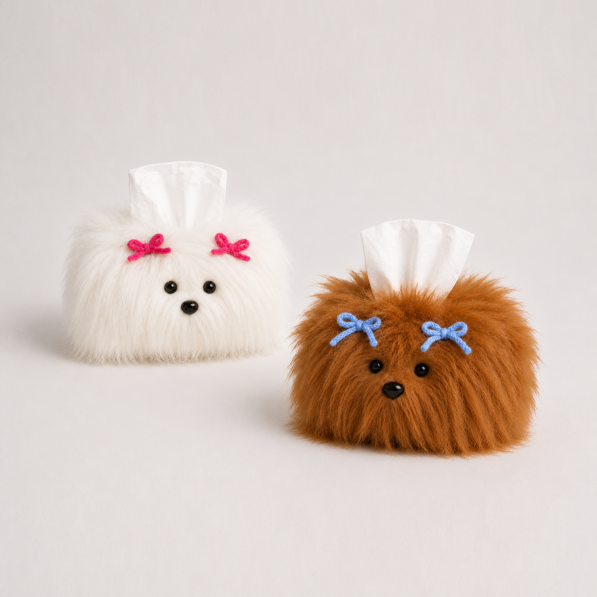 White and brown shaggy dog tissue box covers