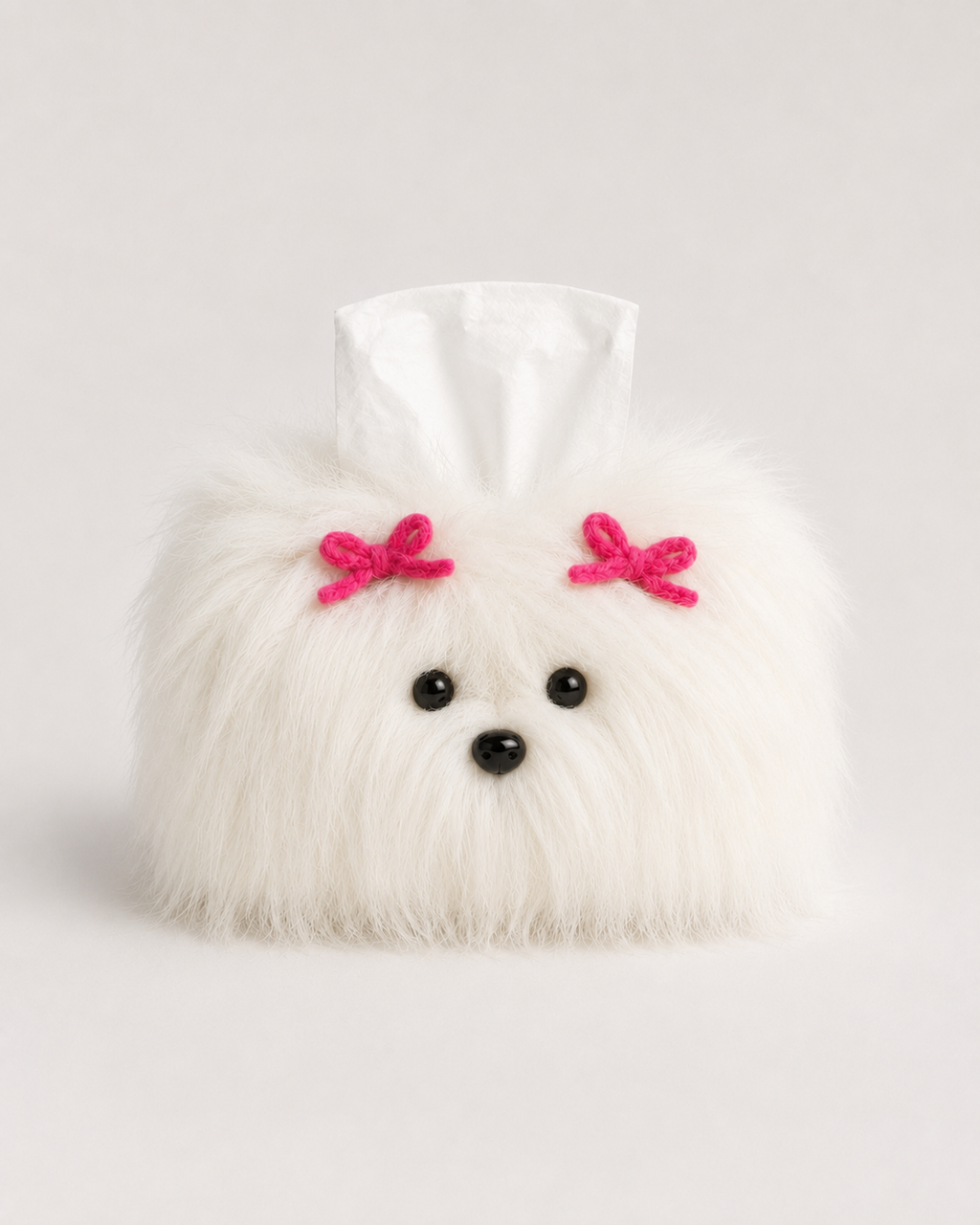 White shaggy dog tissue box cover with pink bows