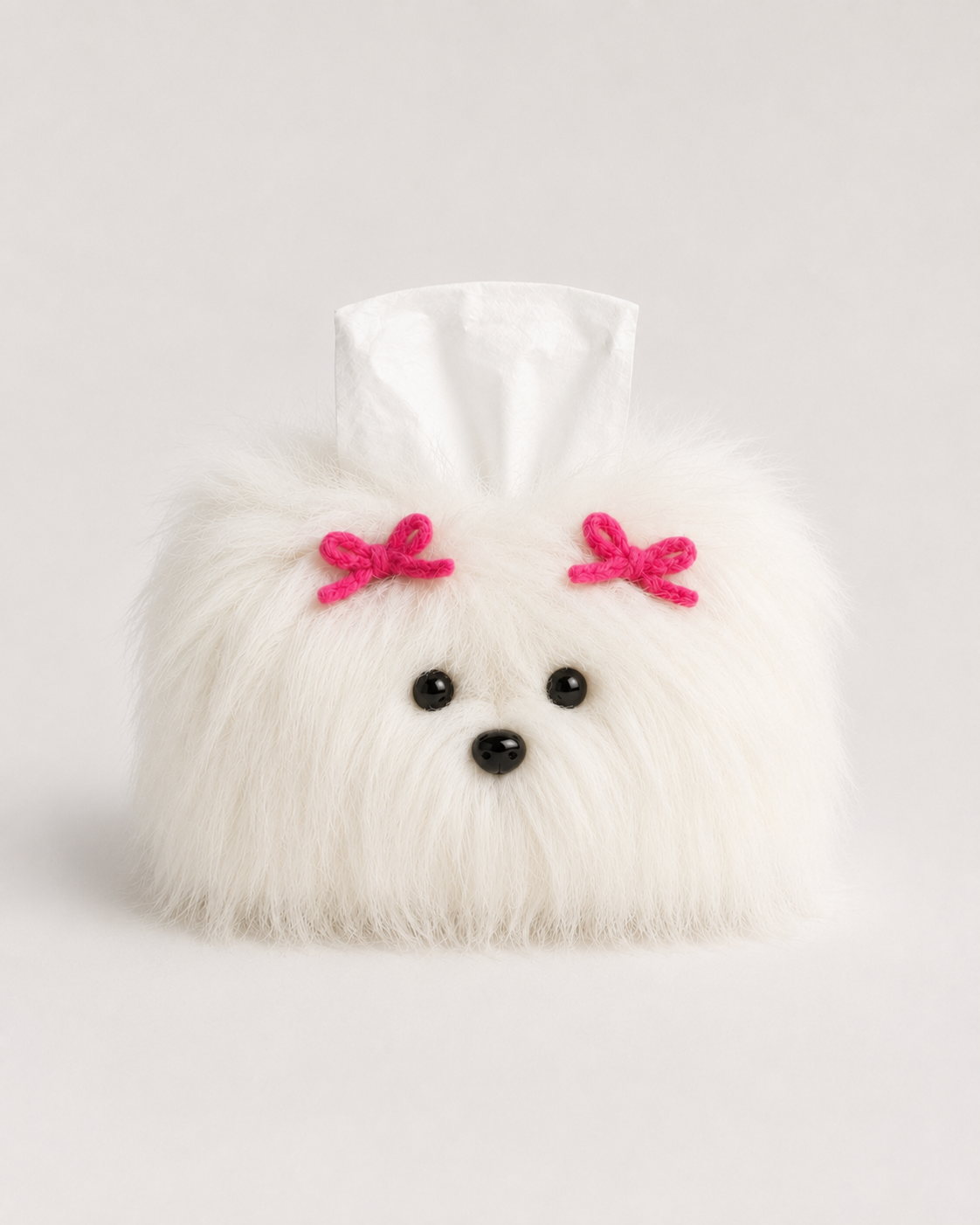 White shaggy dog tissue box cover with pink bows