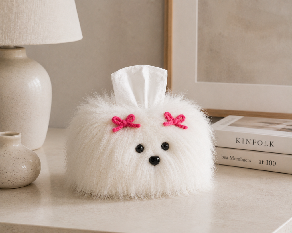 White shaggy dog tissue box cover styled on a tabletop