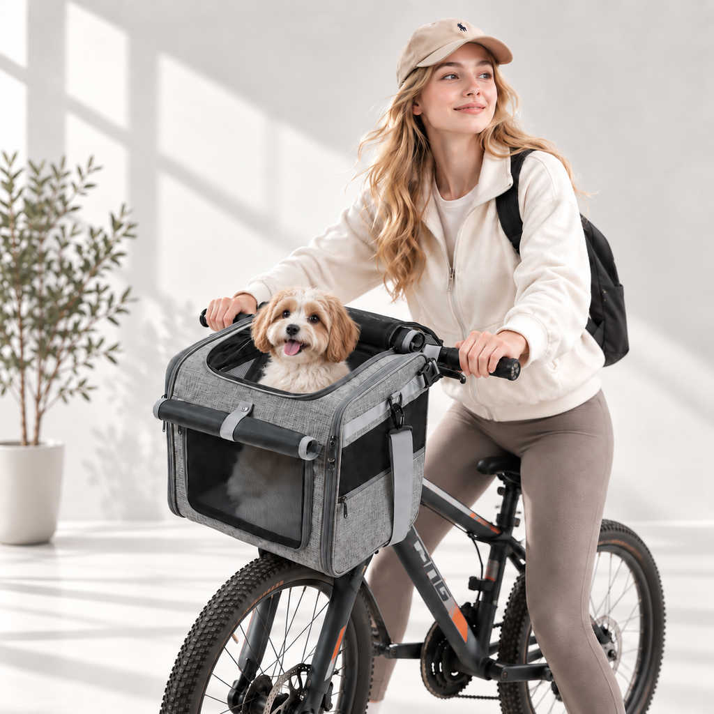 Small dog riding in a gray front-mounted pet bicycle carrier