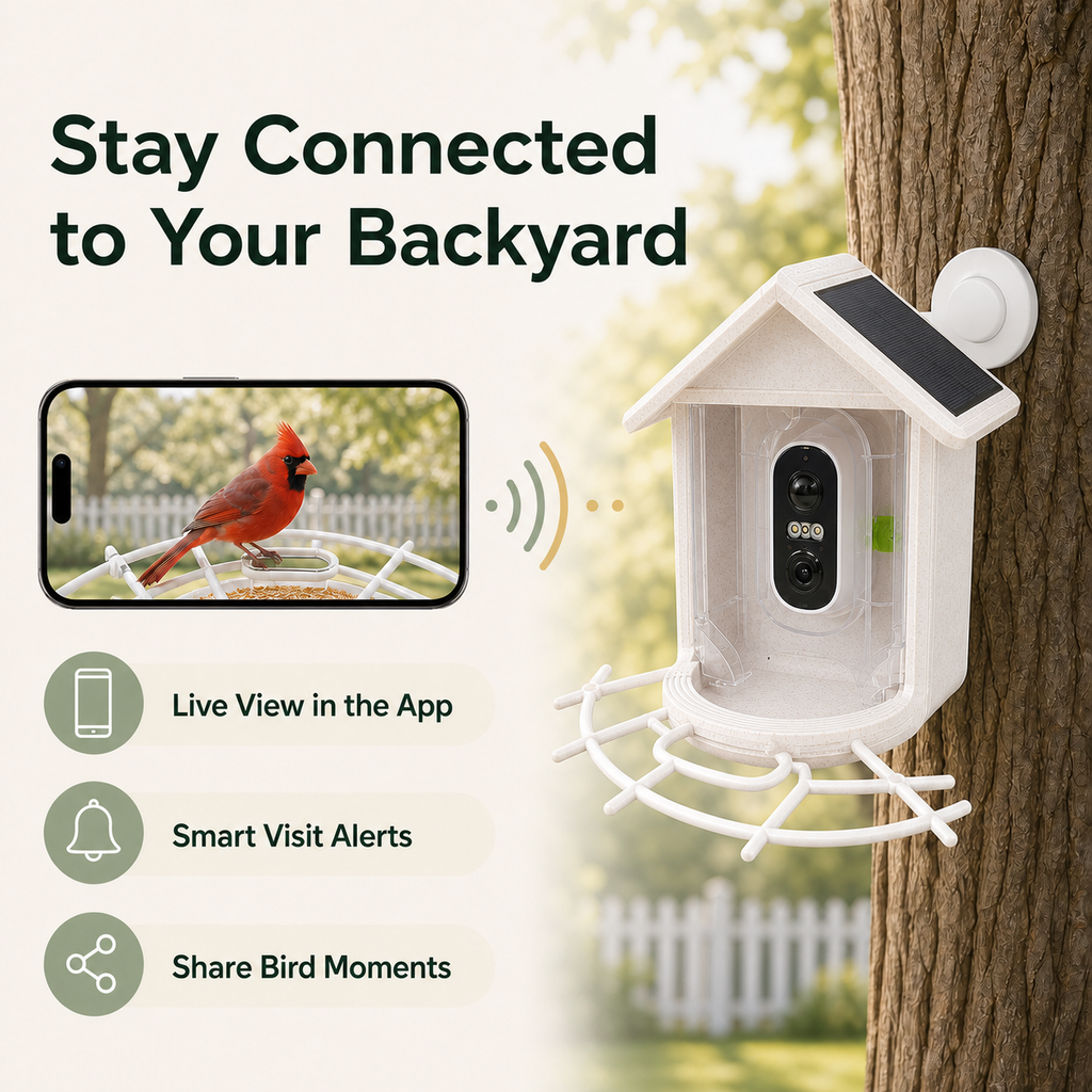 Smart bird feeder app live view with forward-facing gable roof, visit alerts and sharing features