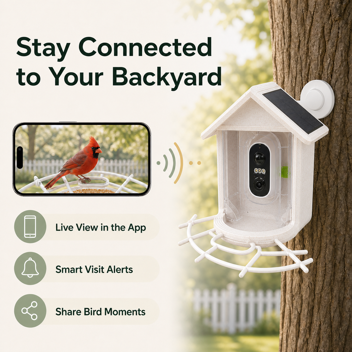Smart bird feeder app live view with forward-facing gable roof, visit alerts and sharing features