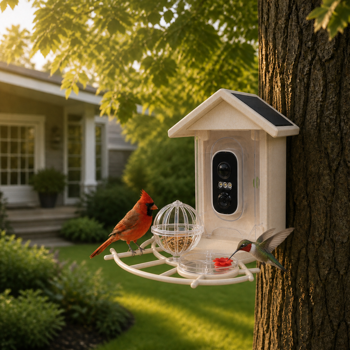 Smart hummingbird feeder with camera, red nectar flower port, clear food holder, hummingbird and cardinal