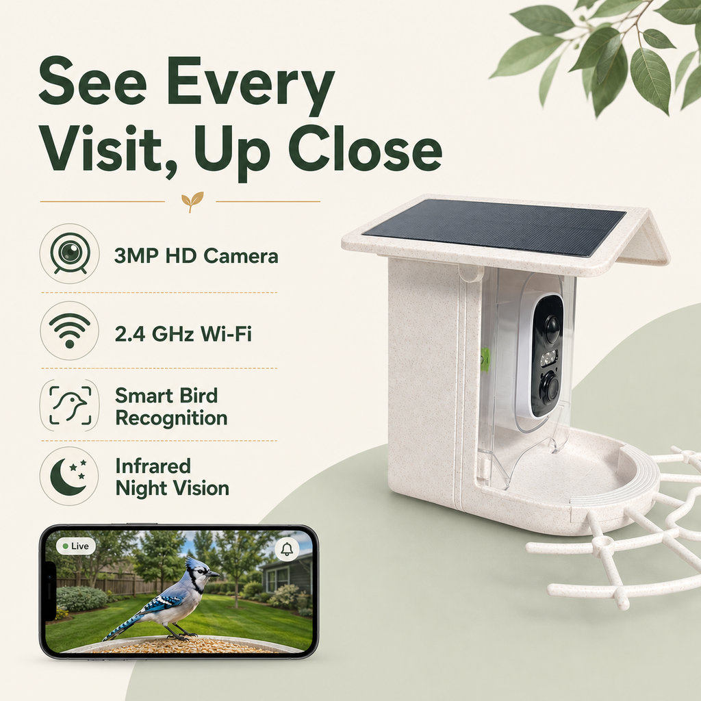 Smart bird feeder features including 3MP camera, Wi-Fi, bird recognition and night vision
