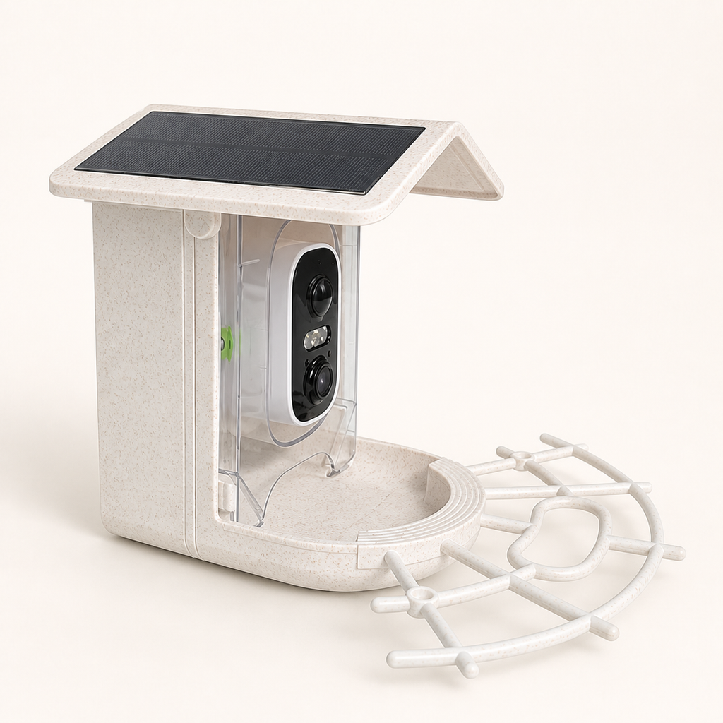 Ivory smart bird feeder with solar camera on warm white background